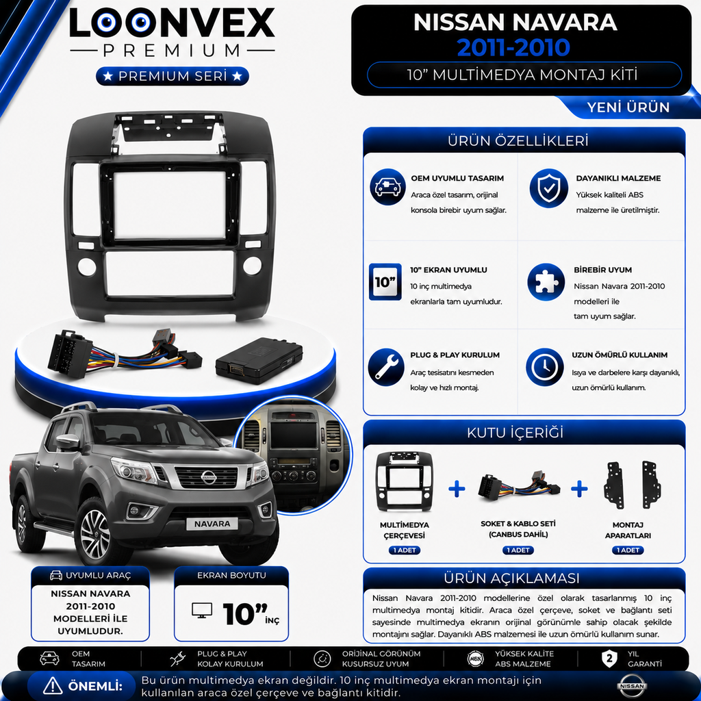 LOONVEX Premium Nissan Navara 2011-2010 10 İnç Multimedya Çerçeve ve Soket Montaj Kiti