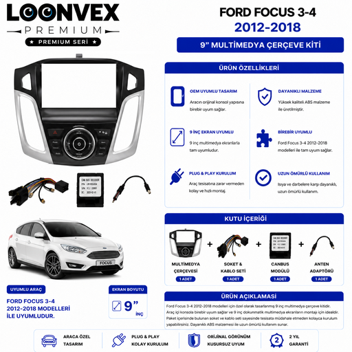 LOONVEX PREMIUM – FORD FOCUS 3-4 2012-2018 9" MULTİMEDYA ÇERÇEVE + SOKET KİTİ