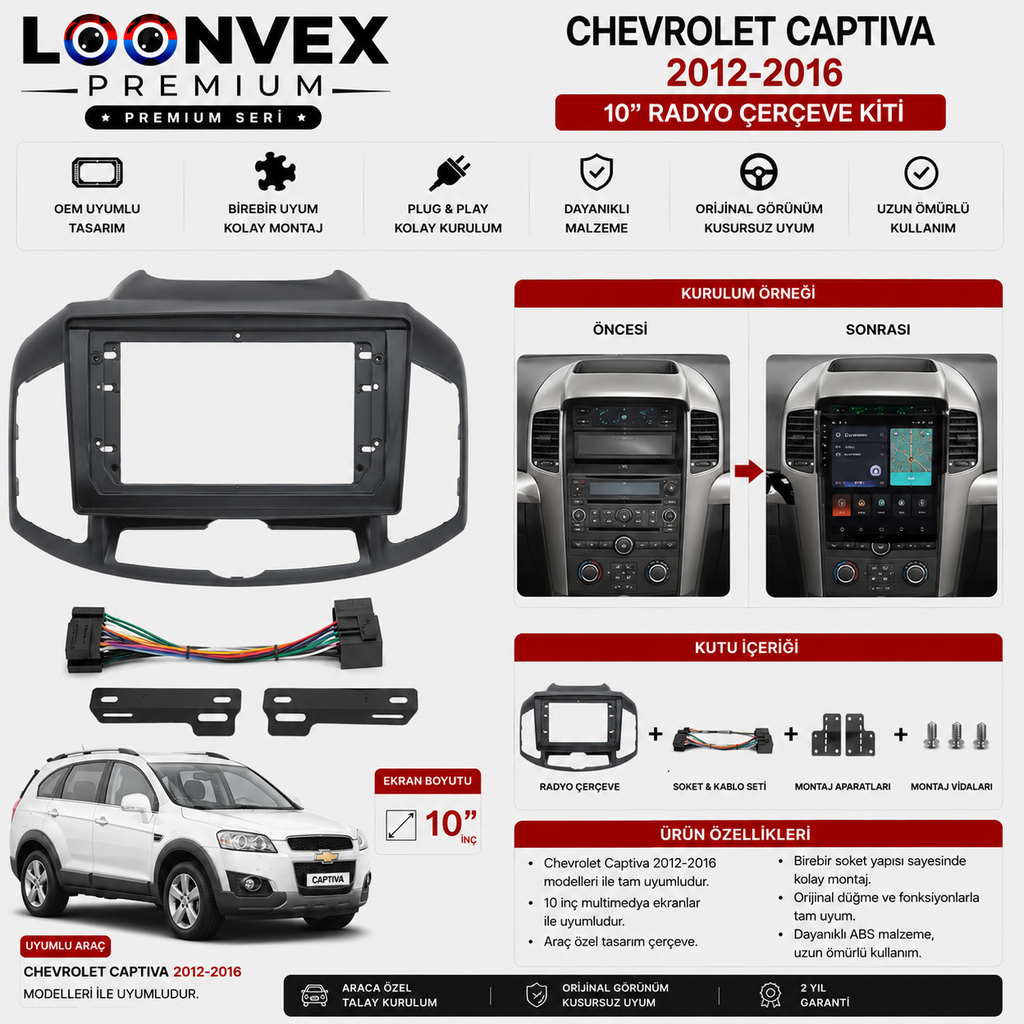 LOONVEX Chevrolet Captiva 2012-2016 10 İnç Multimedya Çerçeve + Soket Seti OEM Uyumlu