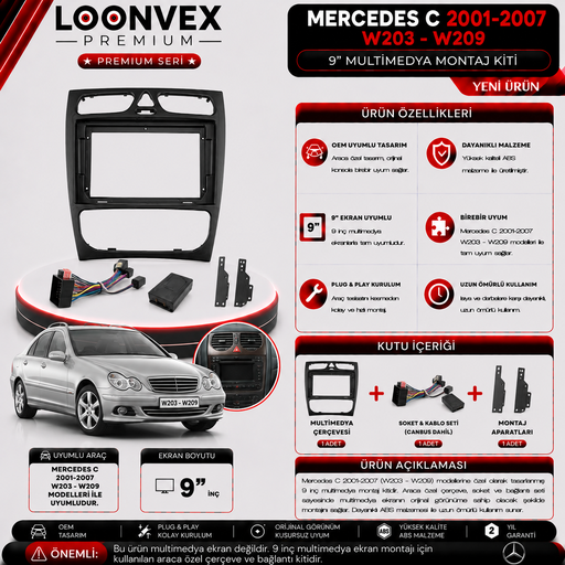 LOONVEX PREMIUM MERCEDES C 2001-2007 W203-W209 9" MULTİMEDYA MONTAJ KİTİ