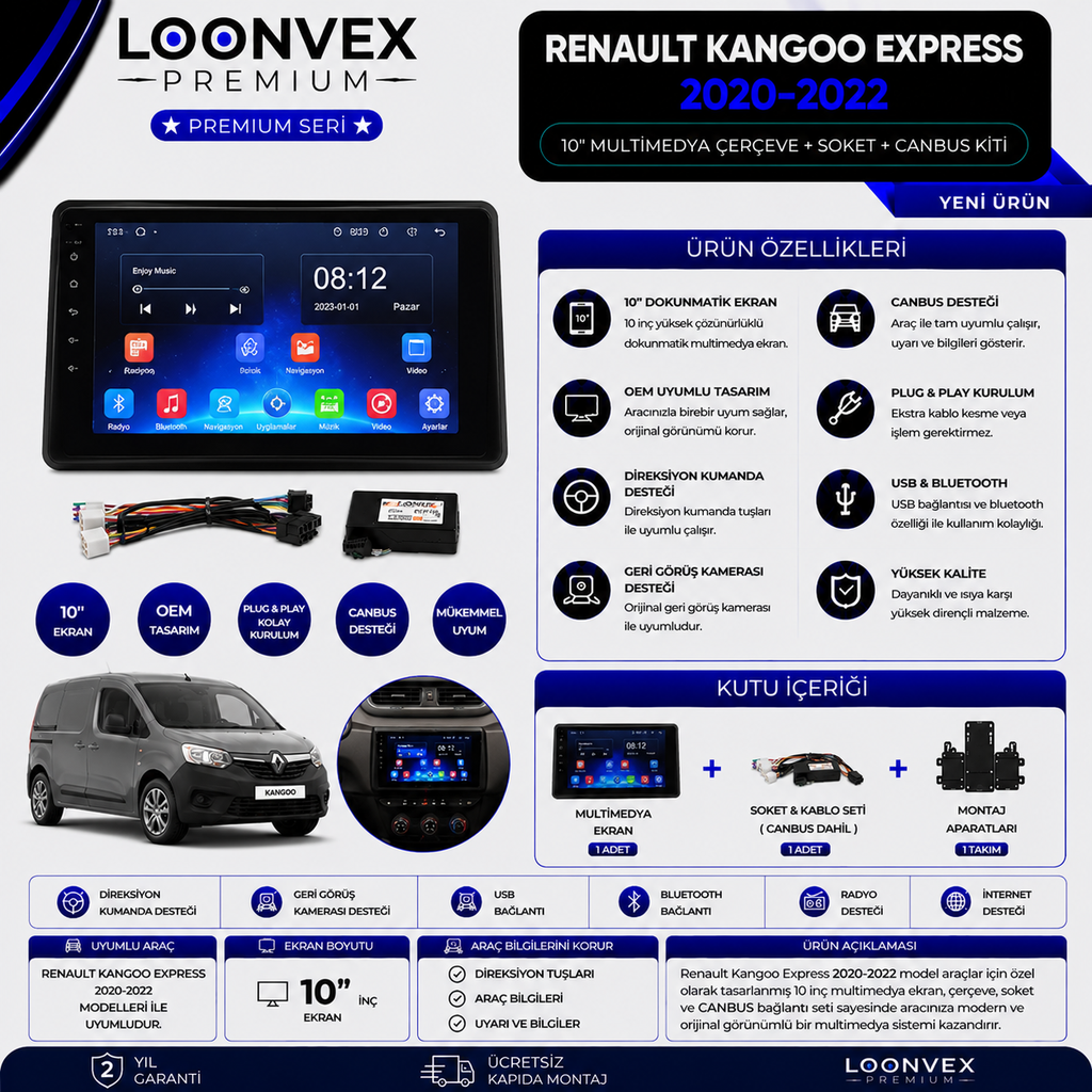 LOONVEX Premium Renault Kangoo Express 2020-2022 10 İnç Multimedya Çerçeve + Soket + CANBUS Montaj Kiti