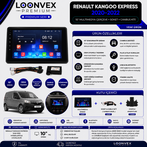 LOONVEX Premium Renault Kangoo Express 2020-2022 10 İnç Multimedya Çerçeve + Soket + CANBUS Montaj Kiti