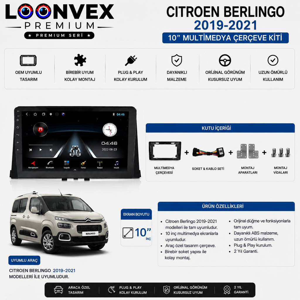 LOONVEX Citroen Berlingo 2019-2021 10 İnç Multimedya Çerçeve + Soket Seti OEM Uyumlu