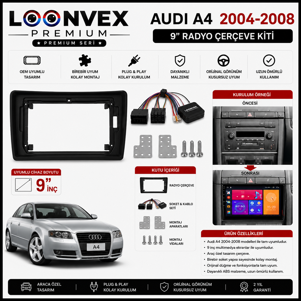 LOONVEX Audi A4 B6 / B7 2004-2008 9 İnç Multimedya Çerçeve + Soket Seti OEM Uyumlu