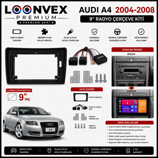 LOONVEX Audi A4 B6 / B7 2004-2008 9 İnç Multimedya Çerçeve + Soket Seti OEM Uyumlu