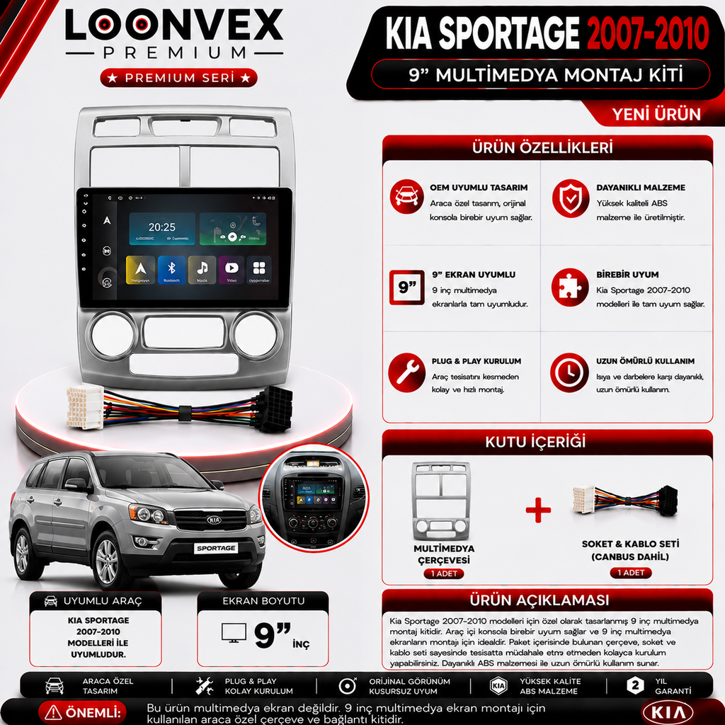 LOONVEX PREMIUM KIA SPORTAGE 2007-2010 9" MULTİMEDYA MONTAJ KİTİ