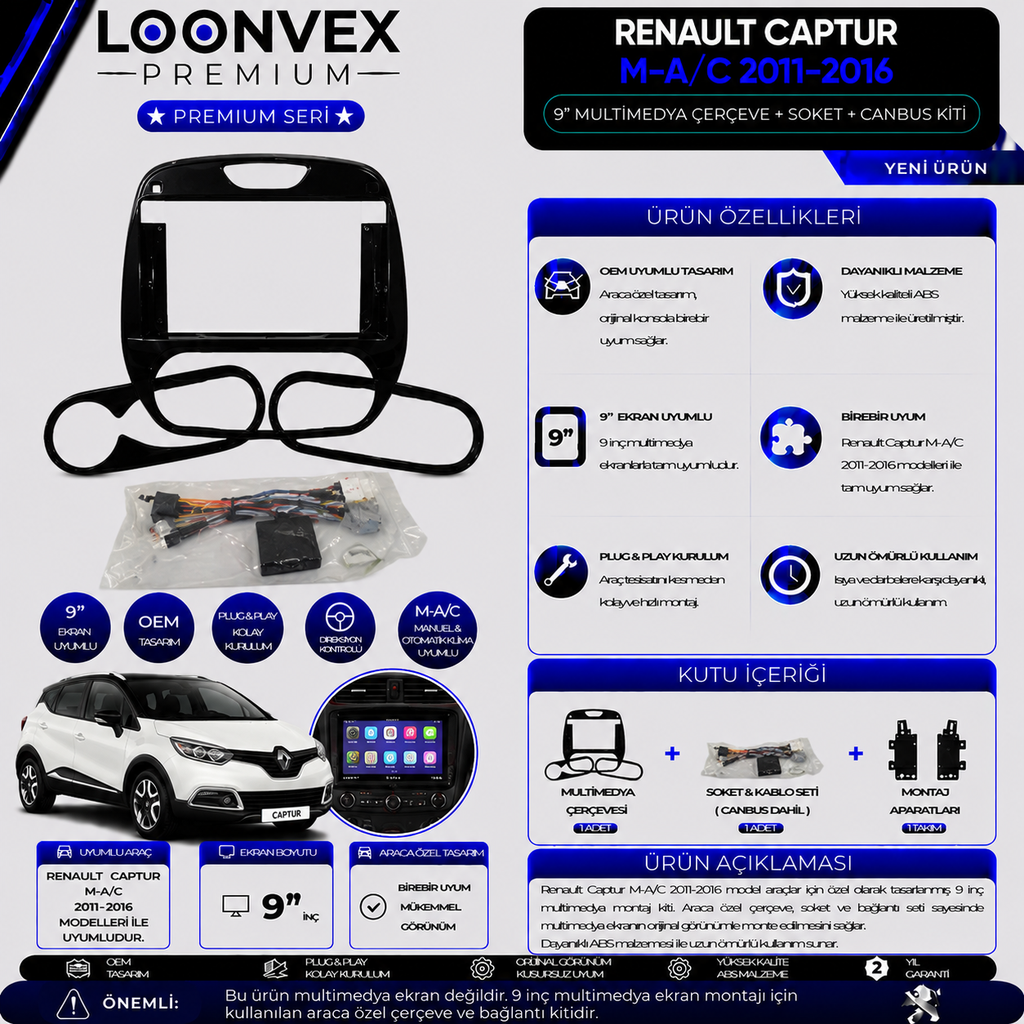 LOONVEX Premium Renault Captur M-A/C 2011-2016 9 İnç Multimedya Çerçeve + Soket + CANBUS Montaj Kiti