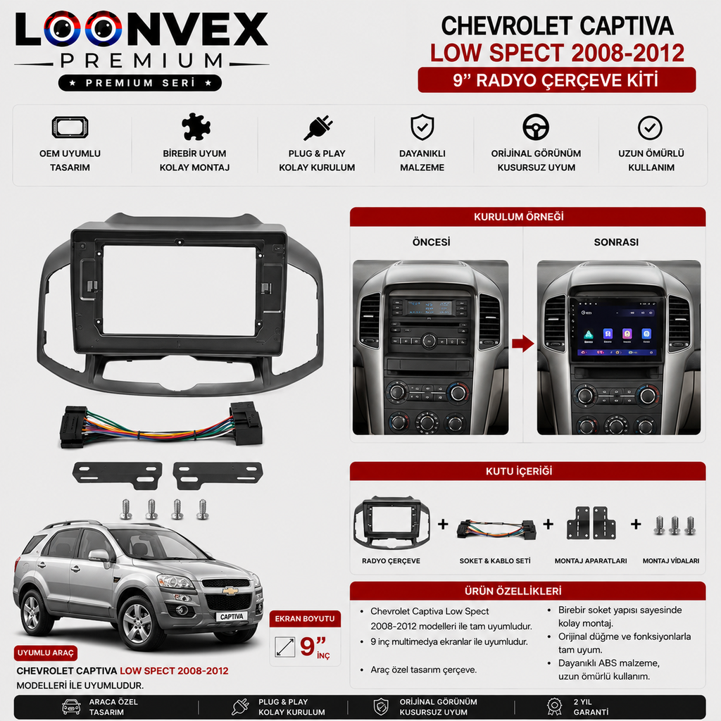 LOONVEX Chevrolet Captiva Low Spect 2008-2012 9 İnç Multimedya Çerçeve + Soket Seti OEM Uyumlu