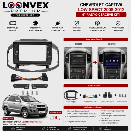 LOONVEX Chevrolet Captiva Low Spect 2008-2012 9 İnç Multimedya Çerçeve + Soket Seti OEM Uyumlu