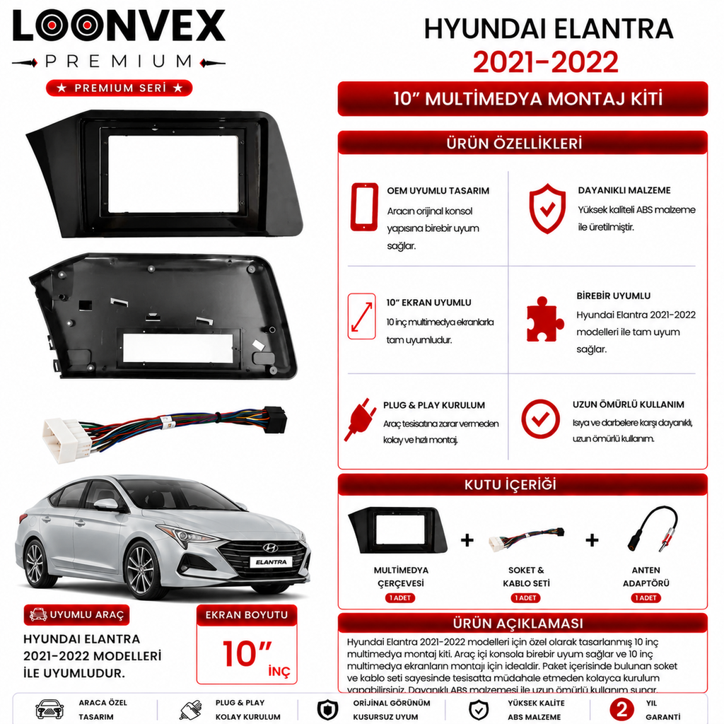 LOONVEX PREMIUM – HYUNDAI ELANTRA 2021-2022 10" MULTİMEDYA ÇERÇEVE + SOKET KİTİ