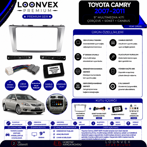 LOONVEX Premium Toyota Camry 2007-2011 9 İnç Multimedya Çerçeve + Soket + CANBUS Montaj Kiti