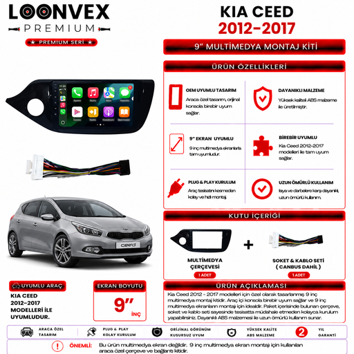 LOONVEX PREMIUM – KIA CEED 2012-2017 9" MULTİMEDYA ÇERÇEVE + SOKET KİTİ