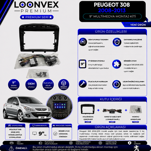 LOONVEX Premium Peugeot 308 2008-2013 9 İnç Multimedya Çerçeve + Soket + CANBUS Montaj Kiti