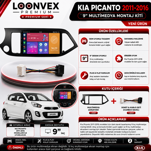LOONVEX PREMIUM KIA PICANTO 2011-2016 9" MULTİMEDYA MONTAJ KİTİ