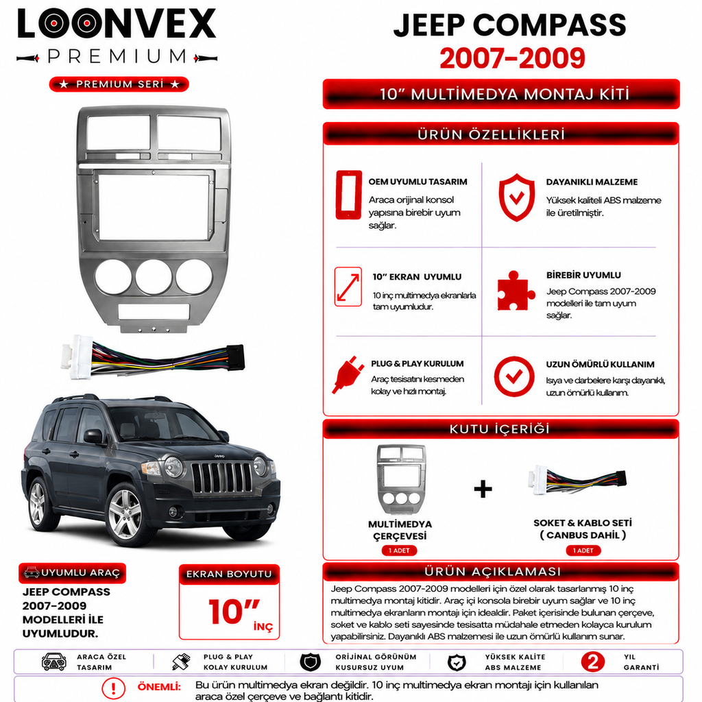 LOONVEX PREMIUM – JEEP COMPASS 2007-2009 10" MULTİMEDYA ÇERÇEVE + SOKET KİTİ