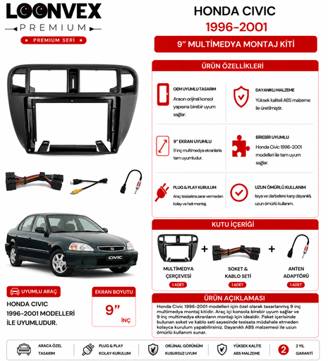 LOONVEX PREMIUM – HONDA CIVIC 1996-2001 9" MULTİMEDYA ÇERÇEVE + SOKET KİTİ