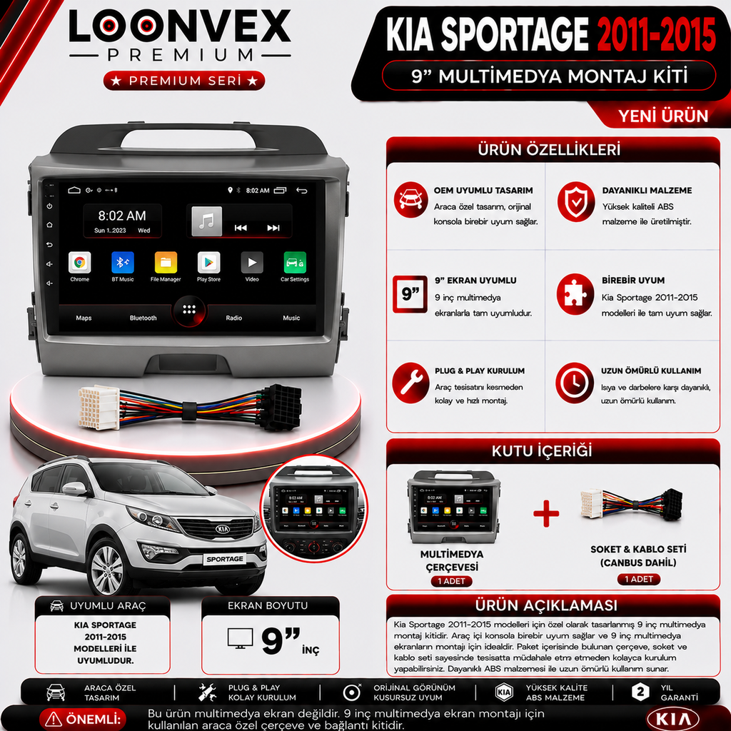 LOONVEX PREMIUM KIA SPORTAGE 2011-2015 9" MULTİMEDYA MONTAJ KİTİ