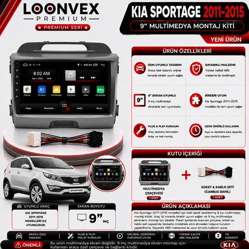 LOONVEX PREMIUM KIA SPORTAGE 2011-2015 9" MULTİMEDYA MONTAJ KİTİ
