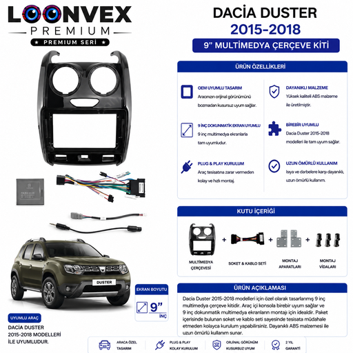 LOONVEX Dacia Duster I / HS (Eski Kasa) 2015-2018 9 İnç Multimedya Çerçeve + Soket Kiti