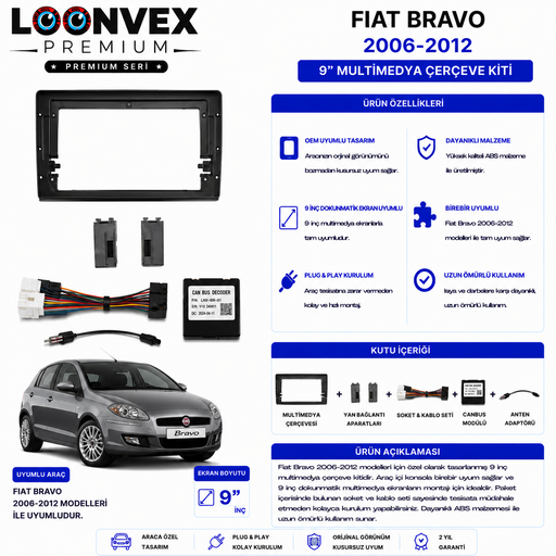 LOONVEX Fiat Bravo II / 198 2006-2012 9 İnç Multimedya Çerçeve + Soket Kiti