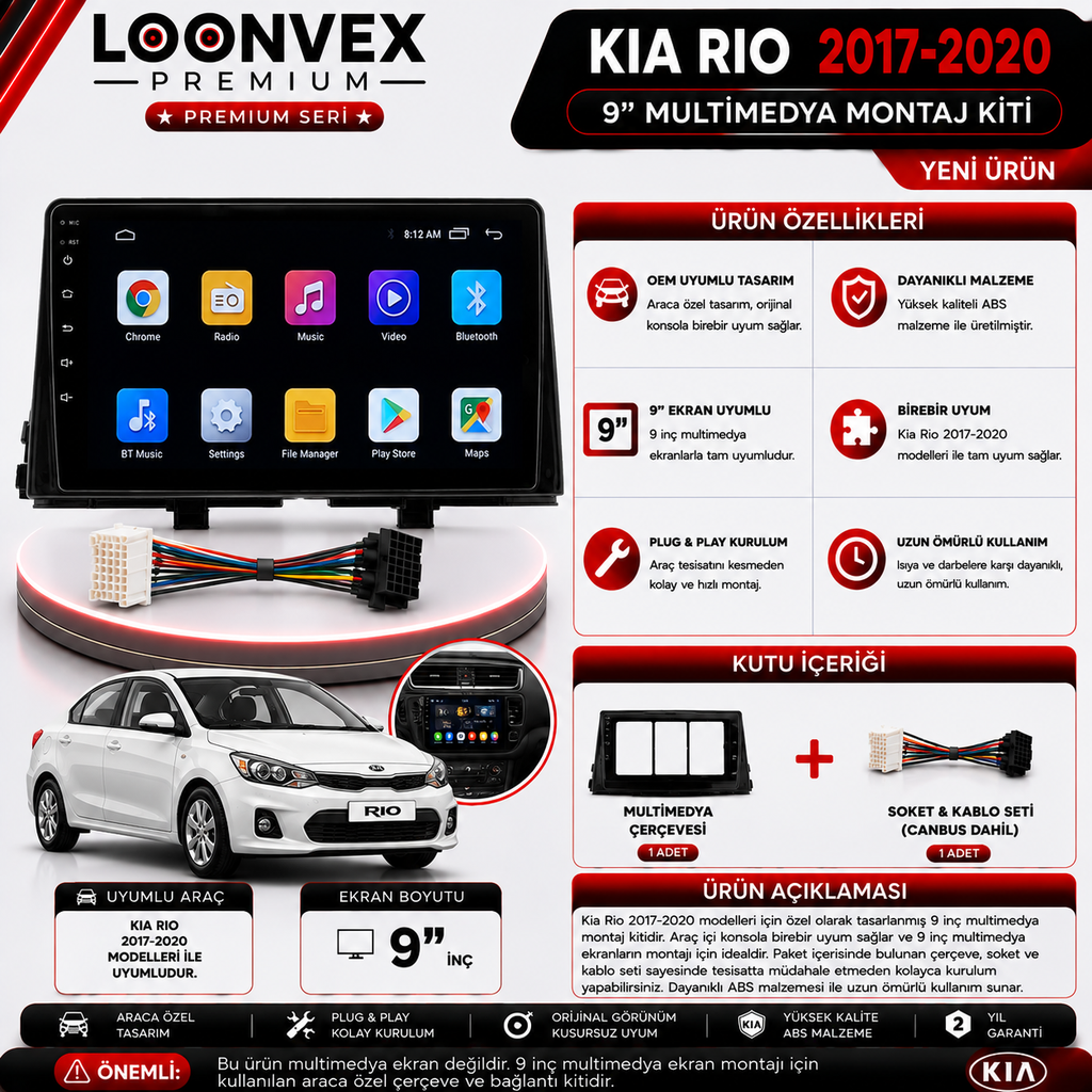 LOONVEX PREMIUM KIA RIO 2017-2020 9" MULTİMEDYA MONTAJ KİTİ