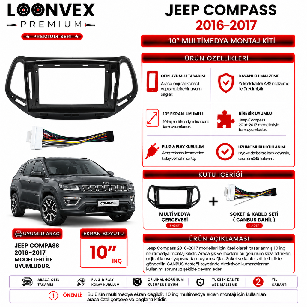LOONVEX PREMIUM – JEEP COMPASS 2016-2017 10" MULTİMEDYA ÇERÇEVE + SOKET KİTİ