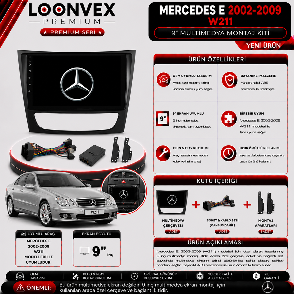 LOONVEX PREMIUM MERCEDES E 2002-2009 W211 9" MULTİMEDYA MONTAJ KİTİ