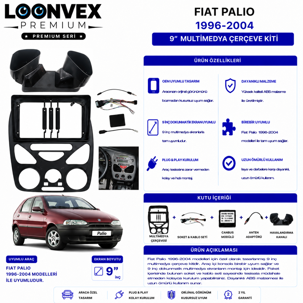 LOONVEX PREMIUM – FIAT PALIO 1996-2004 9" MULTİMEDYA ÇERÇEVE + SOKET KİTİ