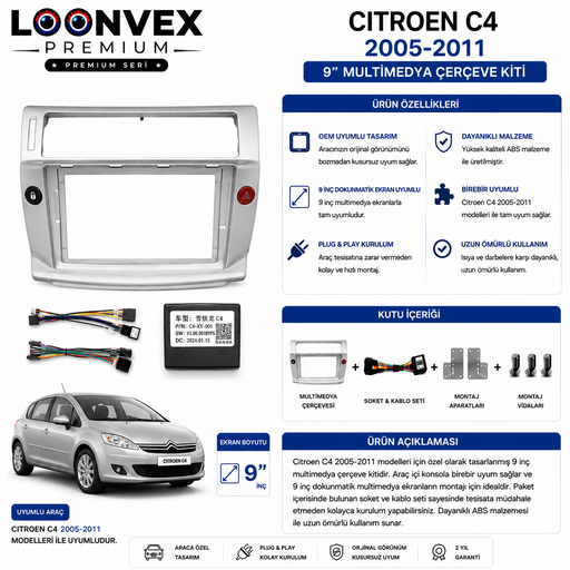 LOONVEX Citroën C4 I / LC (Eski Kasa) 2005-2011 9 İnç Multimedya Çerçeve + Soket Seti OEM Uyumlu