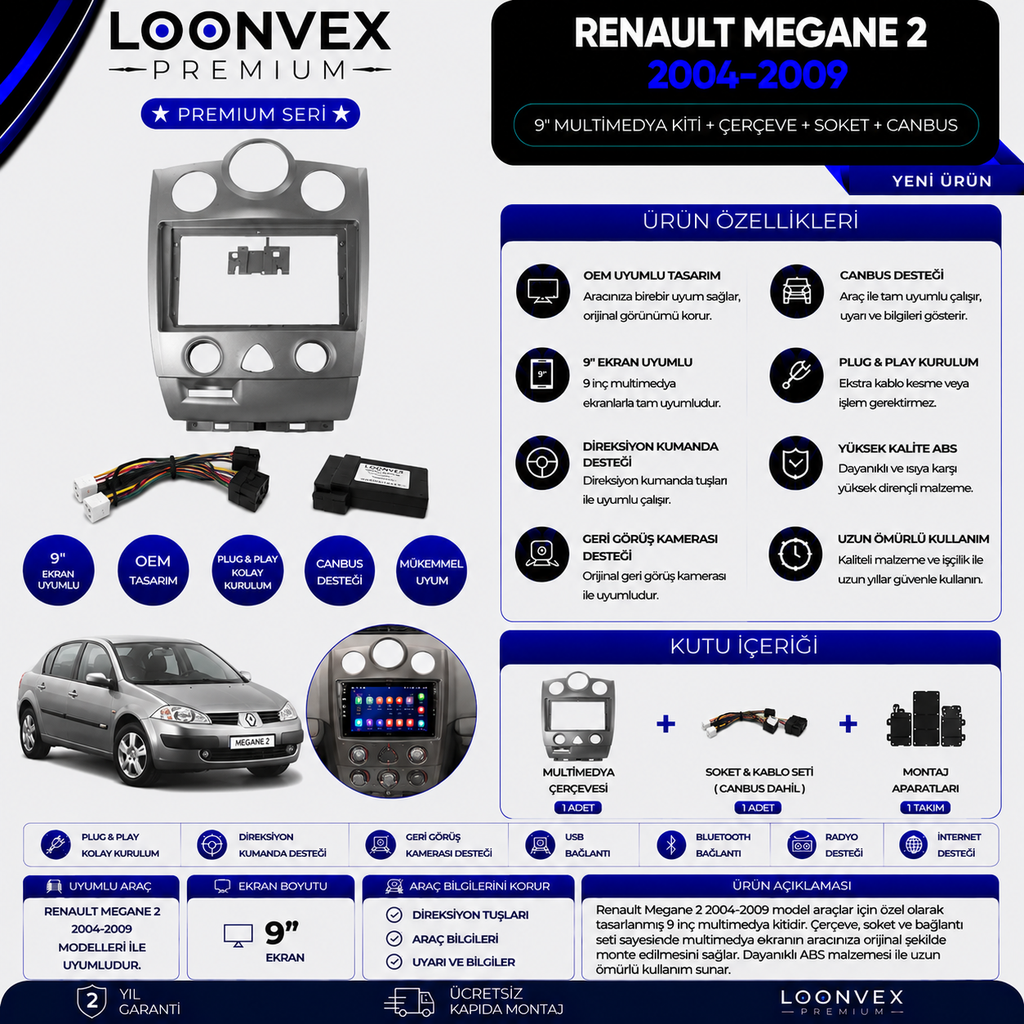 LOONVEX Premium Renault Megane 2 2004-2009 9 İnç Alt Konsol Multimedya Çerçeve + Soket + CANBUS Kiti