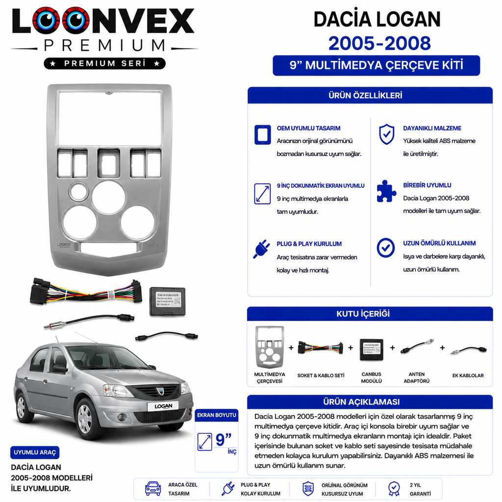 LOONVEX PREMIUM – DACIA LOGAN 2005-2008 9" MULTİMEDYA ÇERÇEVE + SOKET KİTİ