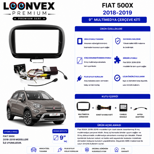 LOONVEX PREMIUM – FIAT 500X 2018-2019 9" MULTİMEDYA ÇERÇEVE + SOKET KİTİ