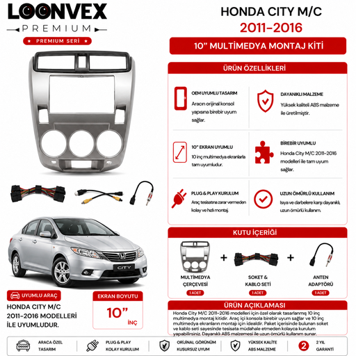 LOONVEX PREMIUM – HONDA CITY M/C 2011-2016 10" MULTİMEDYA ÇERÇEVE + SOKET KİTİ