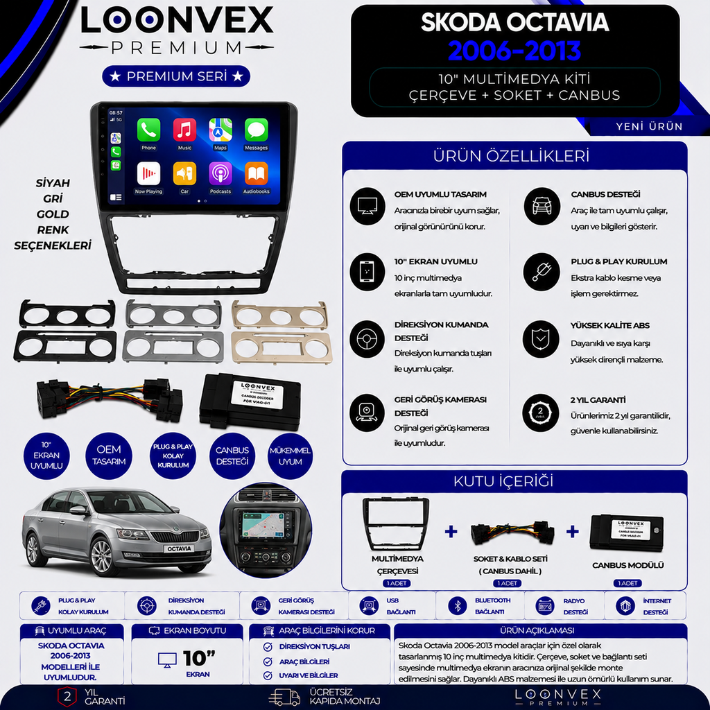 LOONVEX Premium Skoda Octavia 2006-2013 10 İnç Multimedya Çerçeve + Soket + CANBUS Montaj Kiti