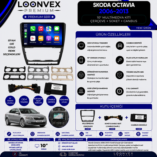 LOONVEX Premium Skoda Octavia 2006-2013 10 İnç Multimedya Çerçeve + Soket + CANBUS Montaj Kiti