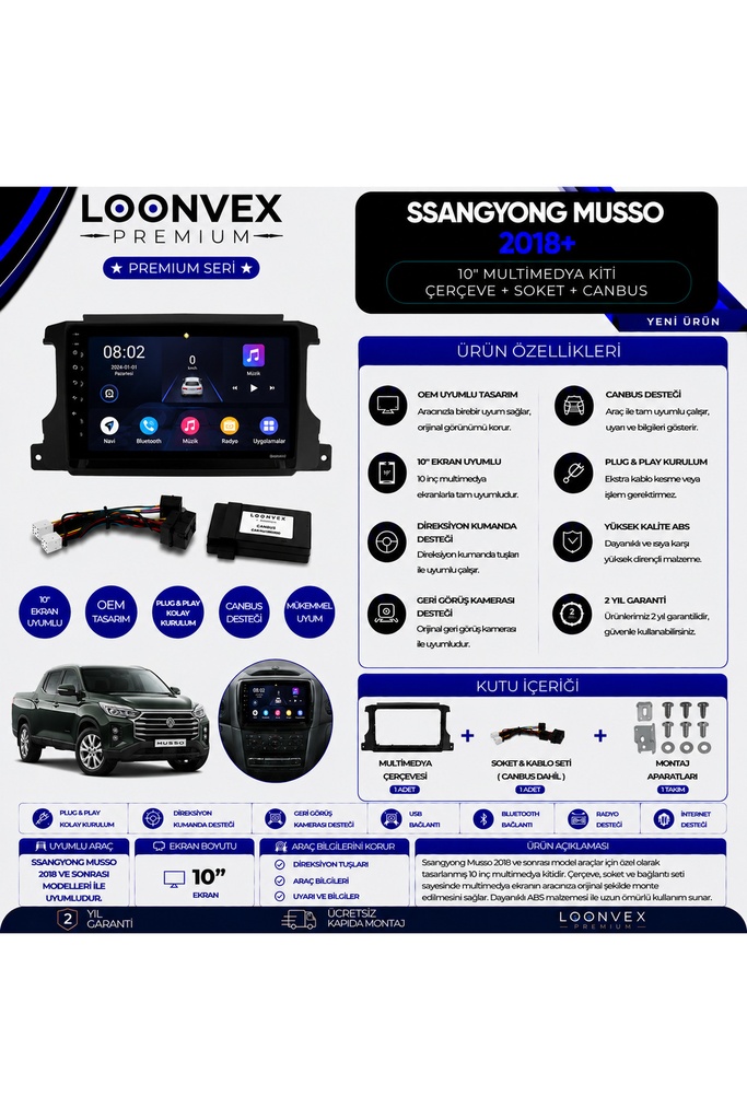 LOONVEX Premium SsangYong Musso 2018+ 10 İnç Multimedya Çerçeve + Soket + CANBUS Montaj Kiti