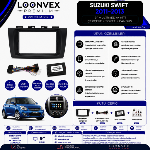 LOONVEX Premium Suzuki Swift 2011-2013 9 İnç Multimedya Çerçeve + Soket + CANBUS Montaj Kiti