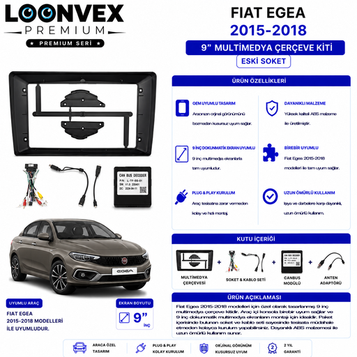 LOONVEX PREMIUM – FIAT EGEA 2015-2018 9" MULTİMEDYA ÇERÇEVE + ESKİ SOKET KİTİ
