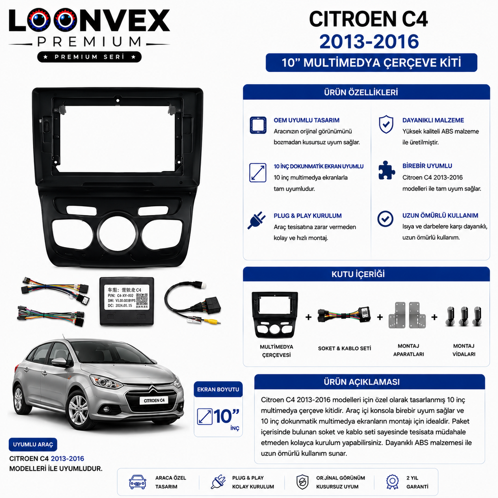 LOONVEX Citroen C4 2013-2016 10 İnç Multimedya Çerçeve + Soket Seti OEM Uyumlu