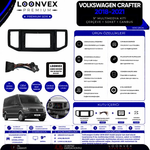 LOONVEX Premium Volkswagen Crafter 2018-2021 9 İnç Multimedya Çerçeve + Soket + CANBUS Montaj Kiti