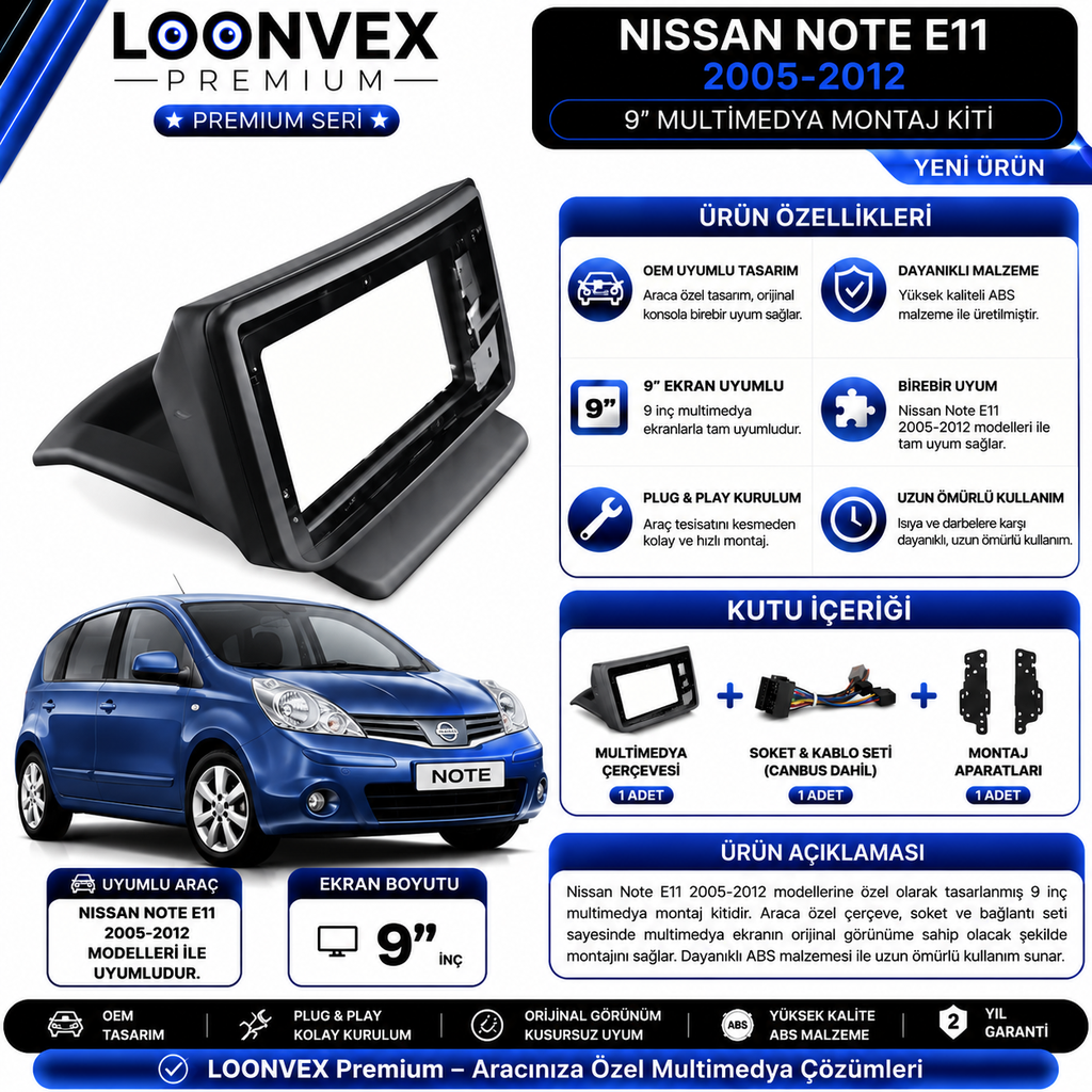 LOONVEX Premium Nissan Note E11 2005-2012 9 İnç Multimedya Çerçeve ve Soket Montaj Kiti