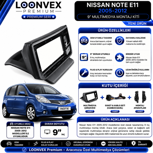 LOONVEX Premium Nissan Note E11 2005-2012 9 İnç Multimedya Çerçeve ve Soket Montaj Kiti