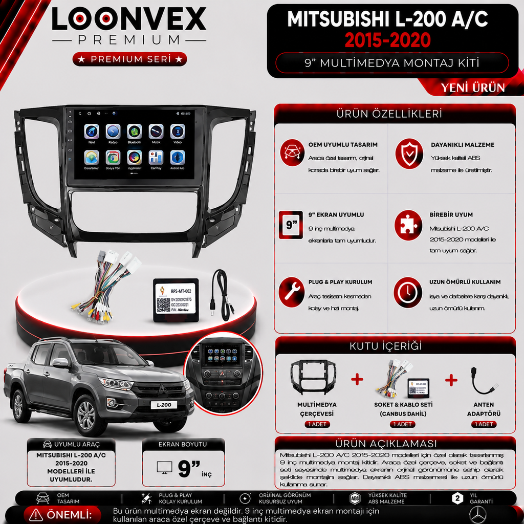 LOONVEX PREMIUM MITSUBISHI L-200 A/C 2015-2020 9" MULTİMEDYA MONTAJ KİTİ