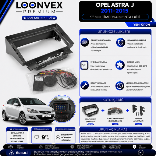 LOONVEX Premium Opel Astra J 2011-2015 9 İnç Multimedya Çerçeve ve Soket Montaj Kiti