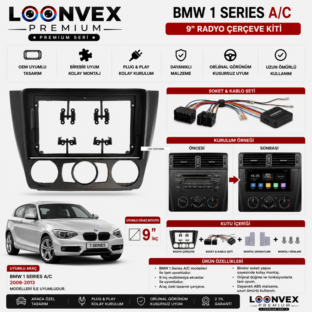 LOONVEX BMW 1 Series A/C 9 İnç Multimedya Çerçeve + Soket Seti OEM Uyumlu