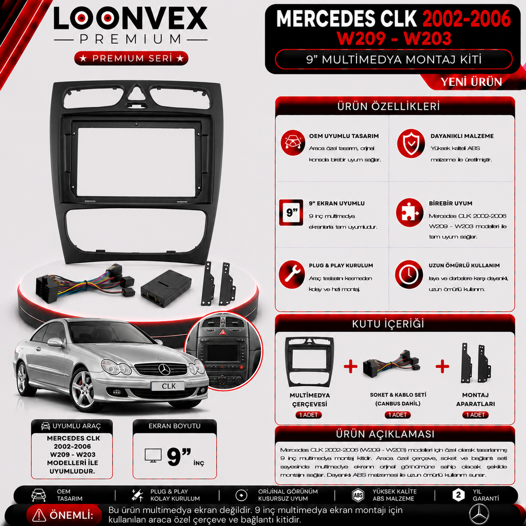 LOONVEX PREMIUM MERCEDES CLK 2002-2006 W209-W203 9" MULTİMEDYA MONTAJ KİTİ