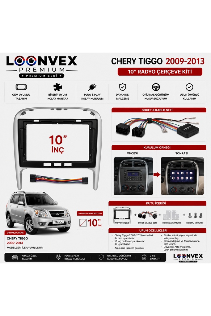 LOONVEX Chery Tiggo 2009-2013 10 İnç Multimedya Çerçeve + Soket Seti OEM Uyumlu