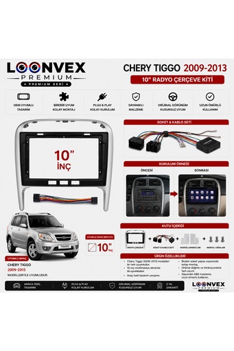 LOONVEX Chery Tiggo 2009-2013 10 İnç Multimedya Çerçeve + Soket Seti OEM Uyumlu