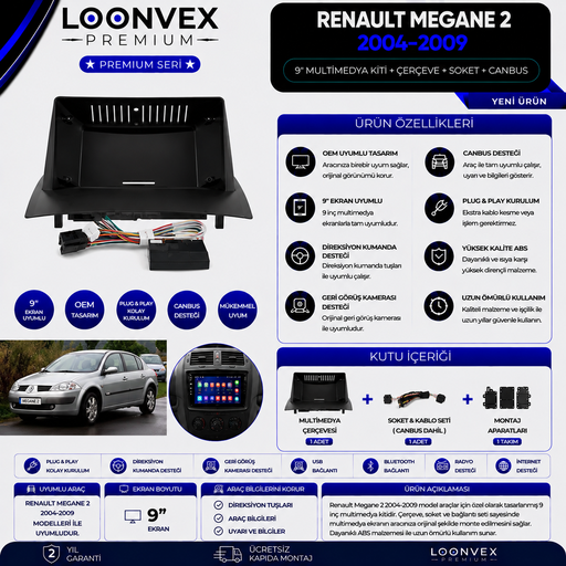LOONVEX Premium Renault Megane 2 2004-2009 9 İnç Multimedya Çerçeve + Soket + CANBUS Montaj Kiti