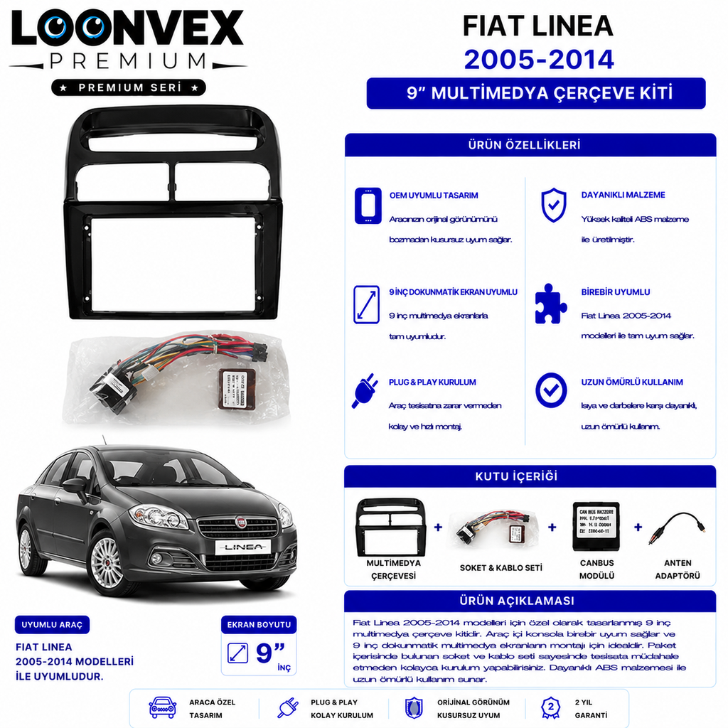 LOONVEX PREMIUM – FIAT LINEA 2005-2014 9" MULTİMEDYA ÇERÇEVE + SOKET KİTİ
